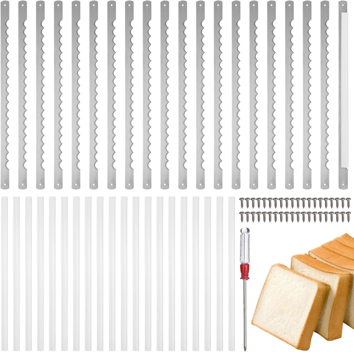 20 PCS Bread Bow Knife Blades, 10.8" Bread Knife For Homemade Bread, Stainless Steel Bow Knifes for Sourdough, Includes 20 Protective Rubber Covers, 40 Screws, Screwdriver