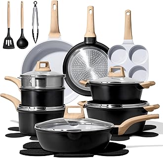 CAROTE 21pcs Pots and Pans Set Nonstick, Cookware Set Black Induction Kitchen Cooking Set w/Frying Pans & Saucepans(PFOS, PFOA Free)