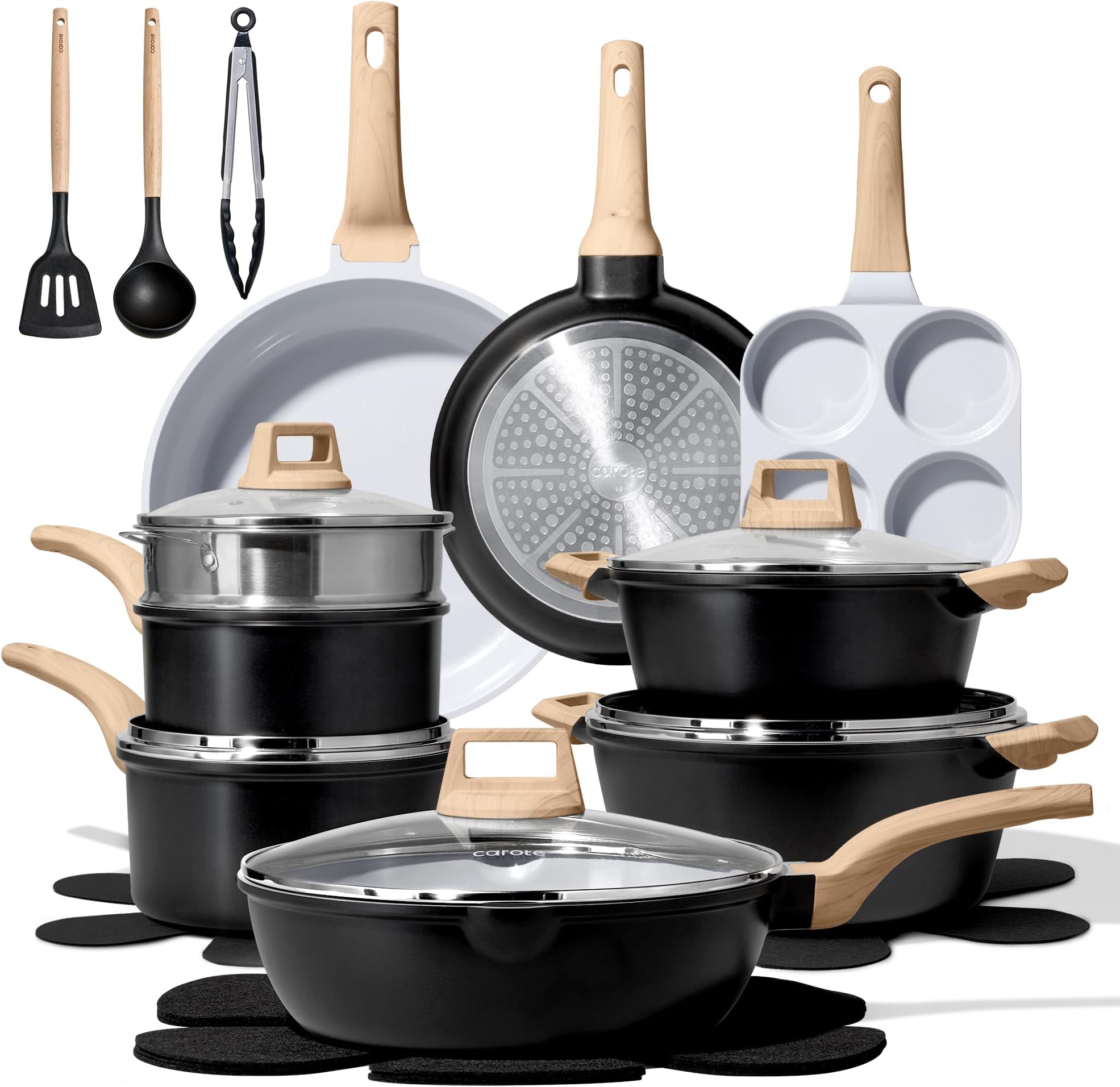 CAROTE 21pcs Pots and Pans Set Nonstick, Cookware Set Black Induction Kitchen Cooking Set w/Frying Pans & Saucepans(PFOS, PFOA Free)