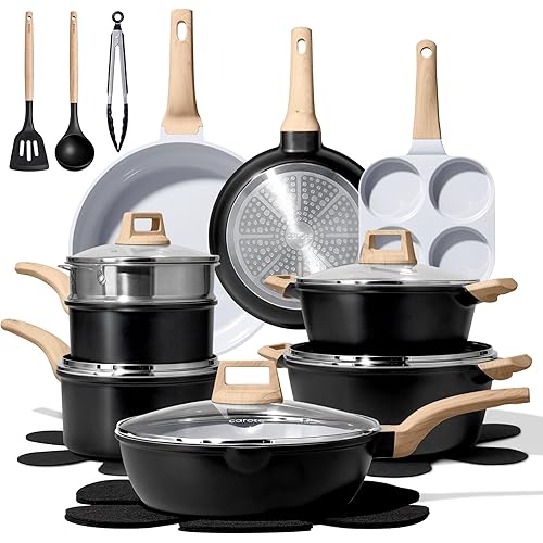 CAROTE 21pcs Pots and Pans Set Nonstick, Cookware Set Black Induction Kitchen Cooking Set w/Frying Pans & Saucepans(PFOS, PFOA Free)