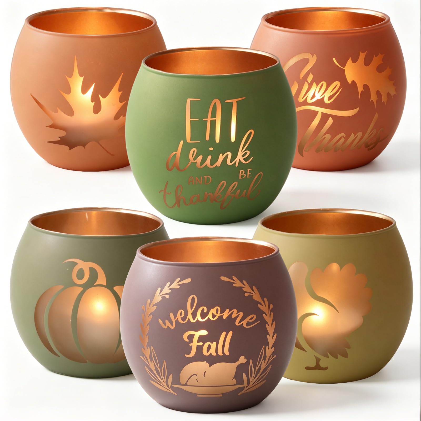 Thanksgiving Votive Candle Holder Set of 6 for Fall Table Centerpiece Decor