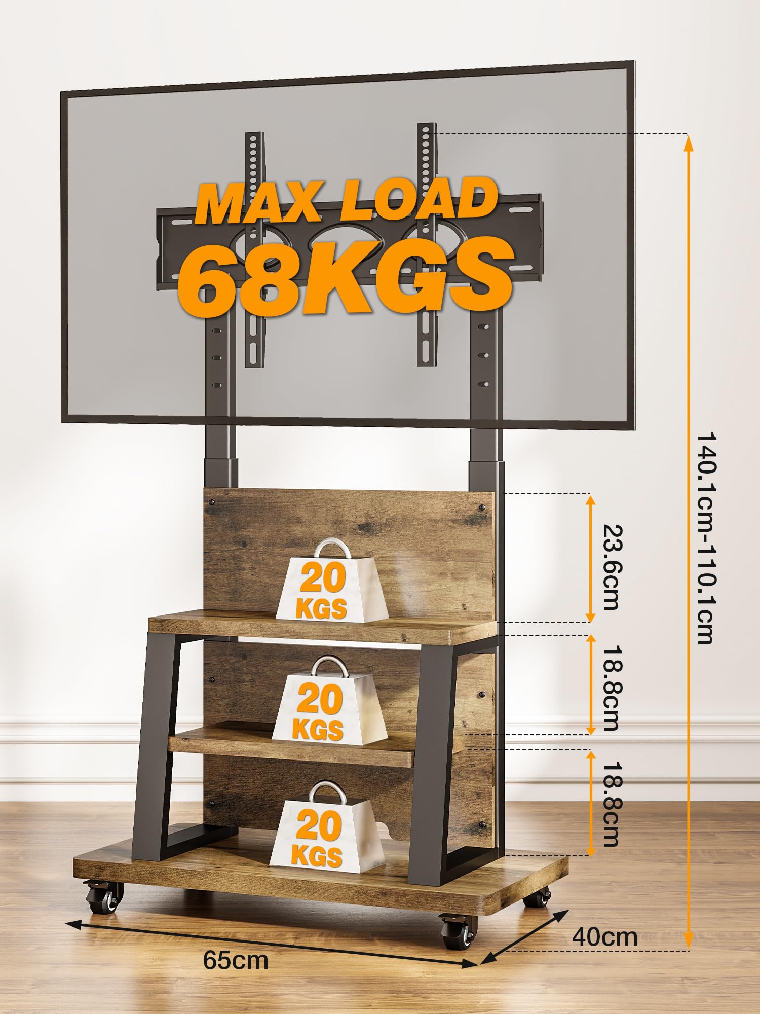 Mobile Supporto TV da Pavimento per TV da 37 a 75 pollici, carrello TV mobile con portaoggetti a 3 ripiani, Porta TV da terra altezza regolabile (68 kg carico), MAX VESA 600x400 mm