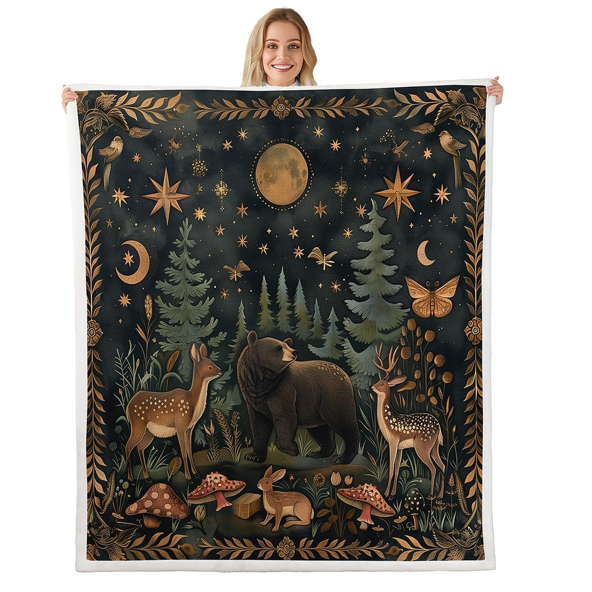 Feelingyou Multi 01 Bear Deer Fleece Blanket,Nature Wild Animal Rabbit Starry Moon Sky Plush Blanket For Kids Teens,Lovely Room Decor,Jungle Pine Trees Mushroom Rustic Botanical Flannel Blanket,Twin 60"X80"
