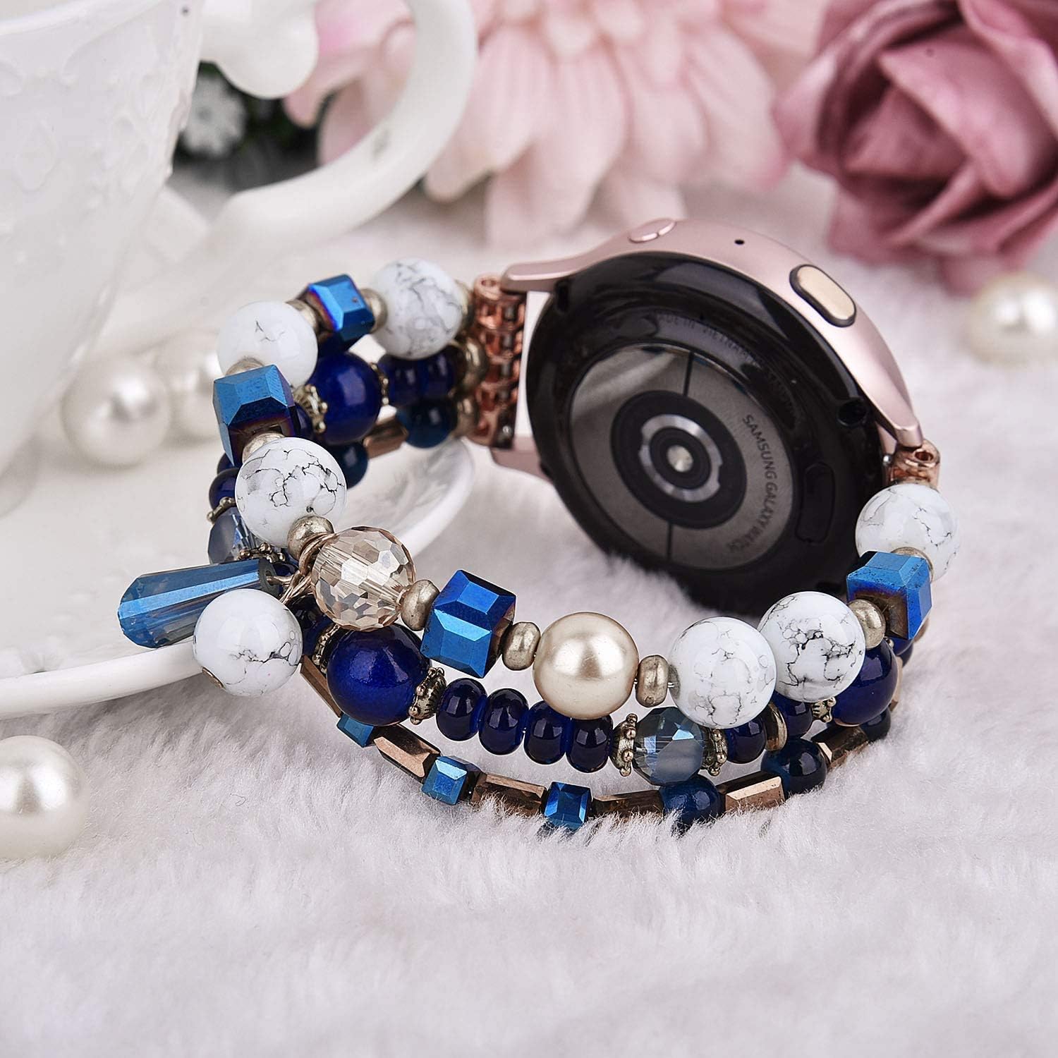 MOFREE Compatible for Samsung Galaxy Watch 3 41mm/Watch 4 40mm 44mm/Watch 4 Classic 42mm 46mm Bands Women, 20mm Handmade Fashion Elastic Beaded Bracelet Replacement for Galaxy Watch 42mm/Active/Active 2 (Blue)