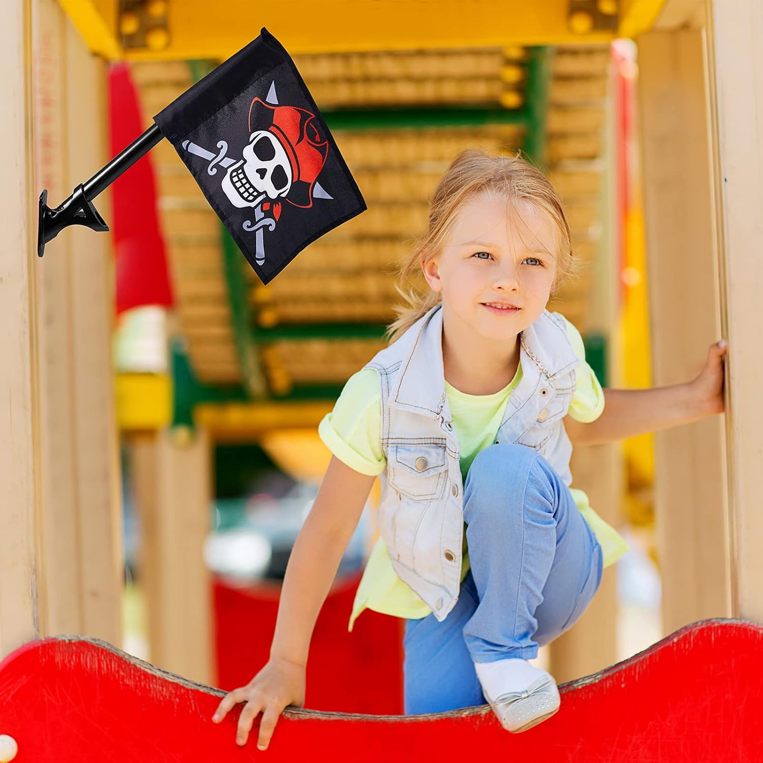 Peryiter 2 Sets Pirate Flag Swing Set Accessory Pirate Outdoor Flag with Solid Pole and Mounting Hardware Playhouse Flag for Pirate Party Favors and Treehouse Playhouse Backyard Decorations