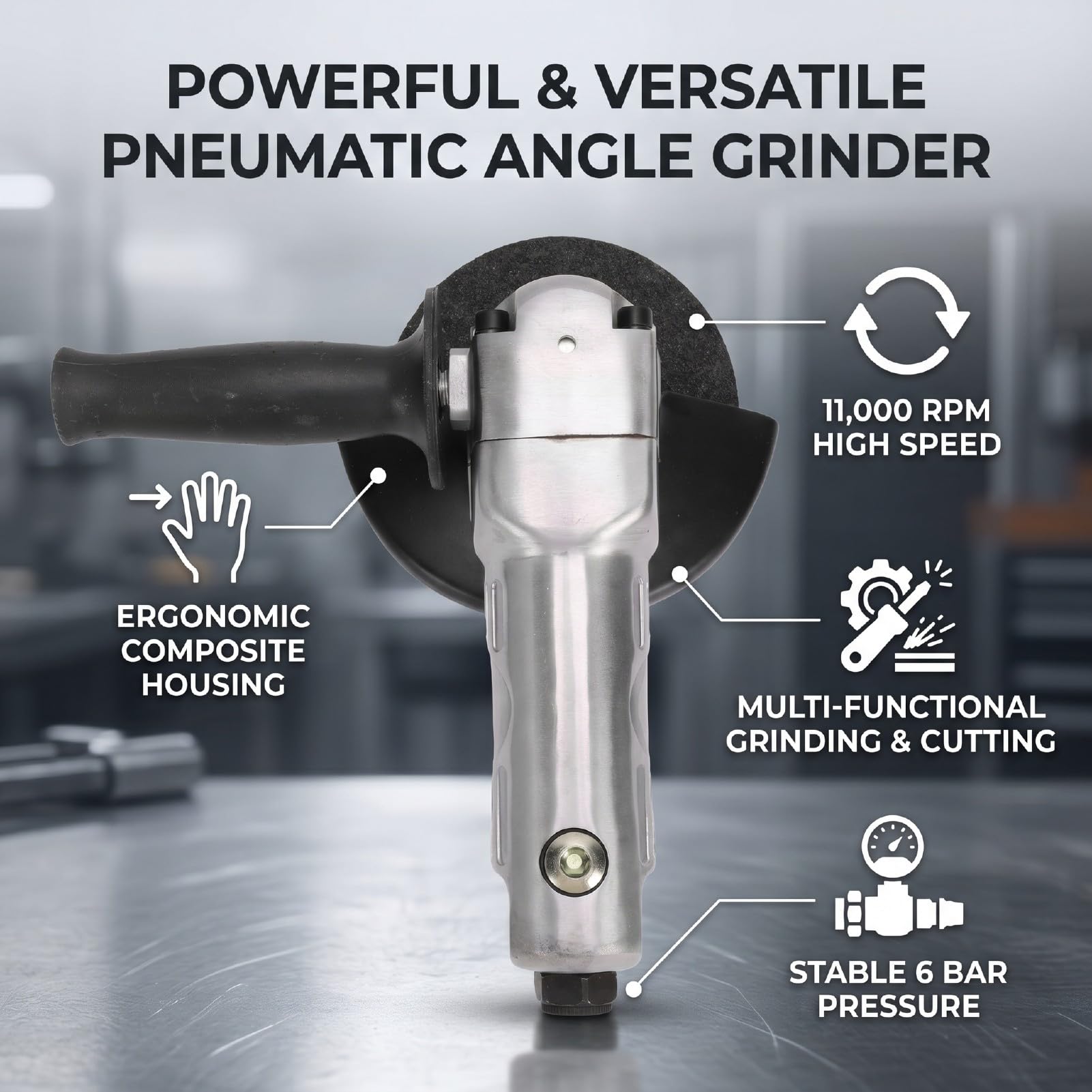KIMISS Amoladora Angular Neumática de 5 Pulgadas Lijadora Angular de Aire de 11000 RPM para Corte de Metal Pulido con Agarre Ergonómico Carcasa Compuesta Liviana 6 BAR
