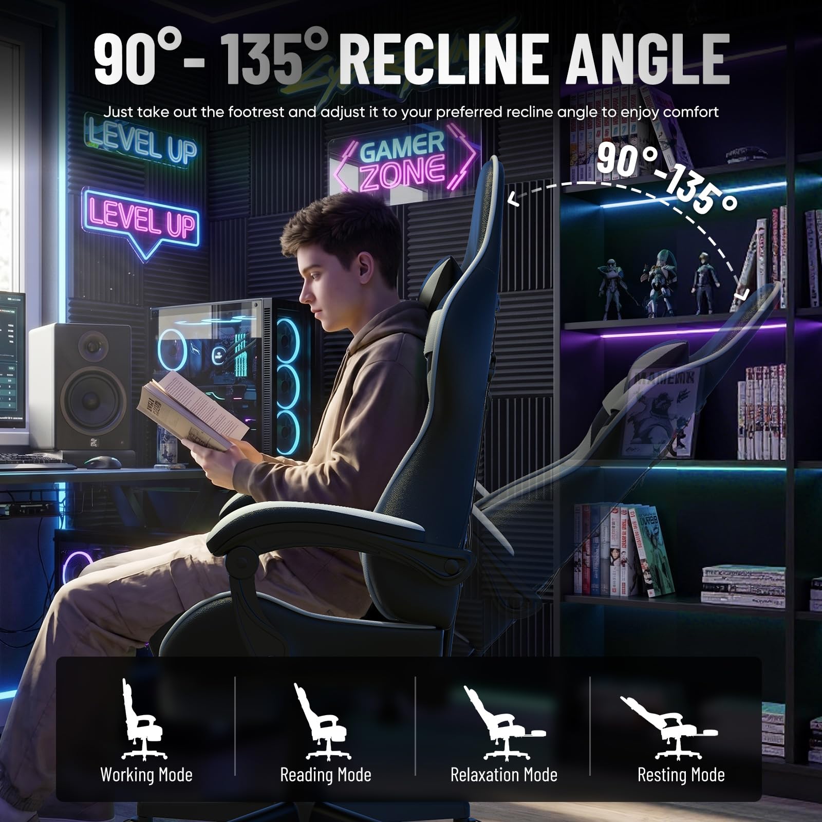 Huracan Chaise Gaming Ergonomique avec Fonction Massage, Chaise Gamer en PU Respirant, Réglable en Hauteur Siege Gaming, Accoudoirs et Repose-Pieds, Fauteuil Gamer pour Adolescents et Adultes, Blanc