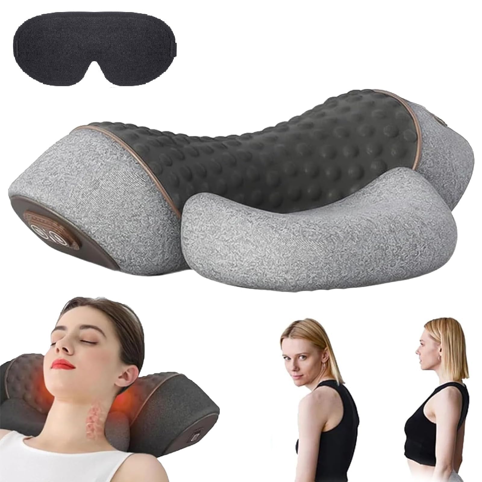 Almohada de Masaje Cervical, Masajeador de Cuello y Hombros con Calor, Masajeador Cervical Electrico, Vibración, Tracción de Cuello, Calefacción, Intensidad Ajustable (Gray)