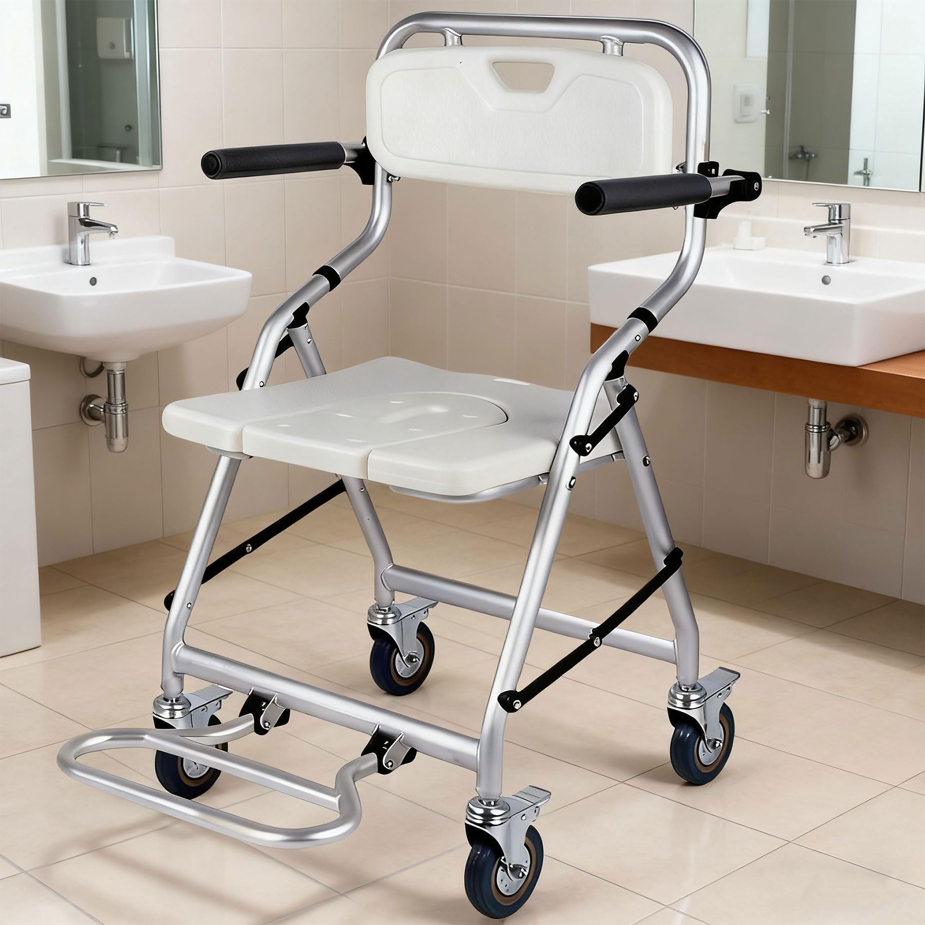 Taburete de Ducha Plegable con Ruedas para Personas Mayores | 120KG Silla de Ducha con Ruedas, Blanco Silla de Baño y Ducha Discapacitados con Reposabrazos y Respaldo