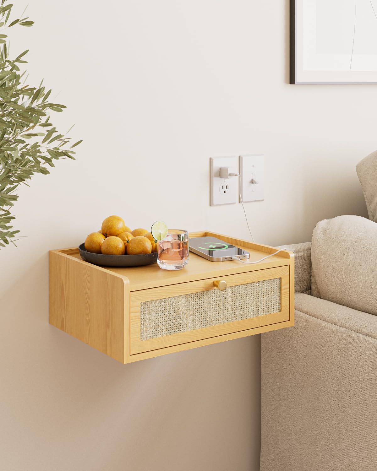 Mesita de noche flotante, mesita de noche montada en la pared con cajón, pequeños estantes flotantes, mesita de noche de madera flotante para dormitorio, sala de estar, baño 6