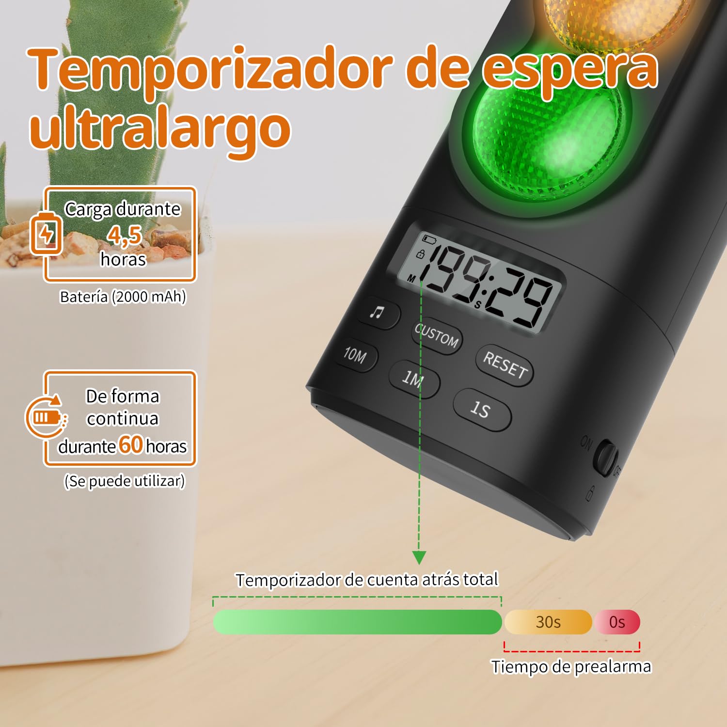 Temporizador Digital Visual y Auditivo con Semáforo, Pantalla LCD, Ajuste de Volumen, 4 Tonos para Niños, Funciones de Pausa, Memoria y Carga USB-C (Negro)