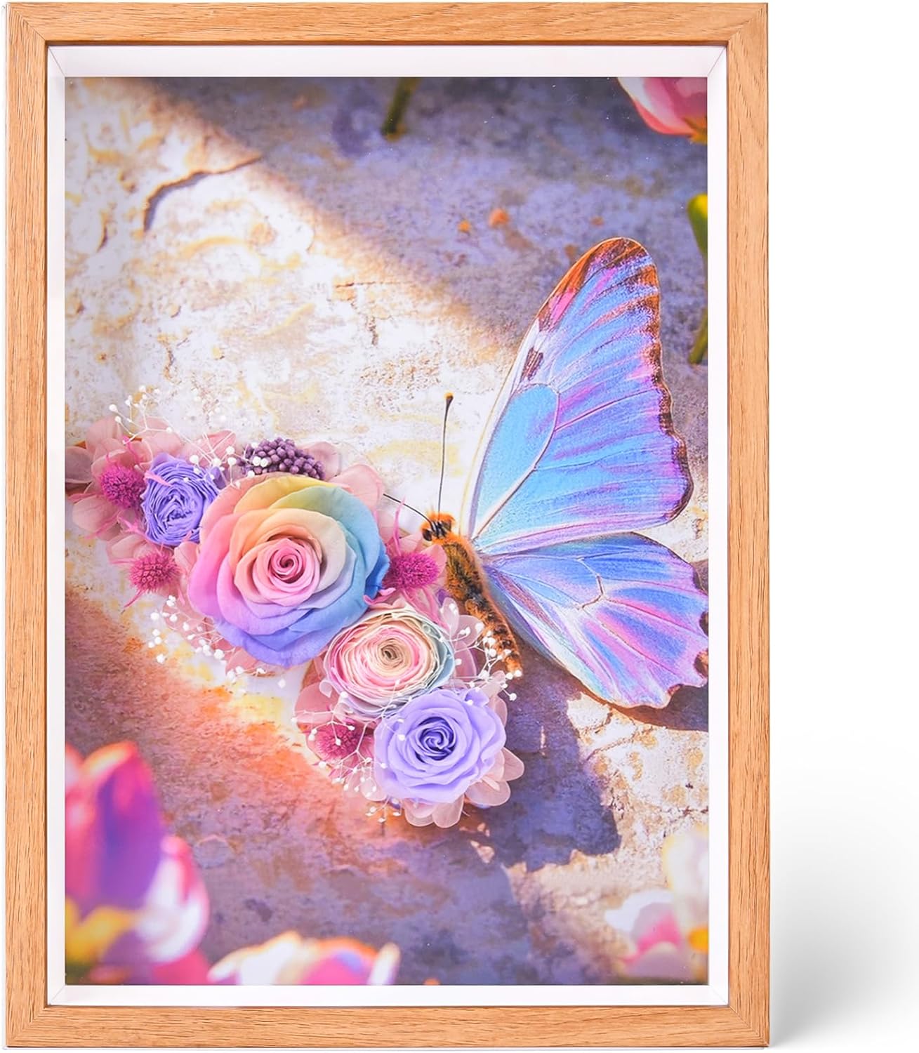 Preserved Flower Butterfly Shadow Box Frame, 3D Wall Art Decor with Roses, Elegant Home Decoration, Gift for Anniversary, Birthday, Wedding (Purple)