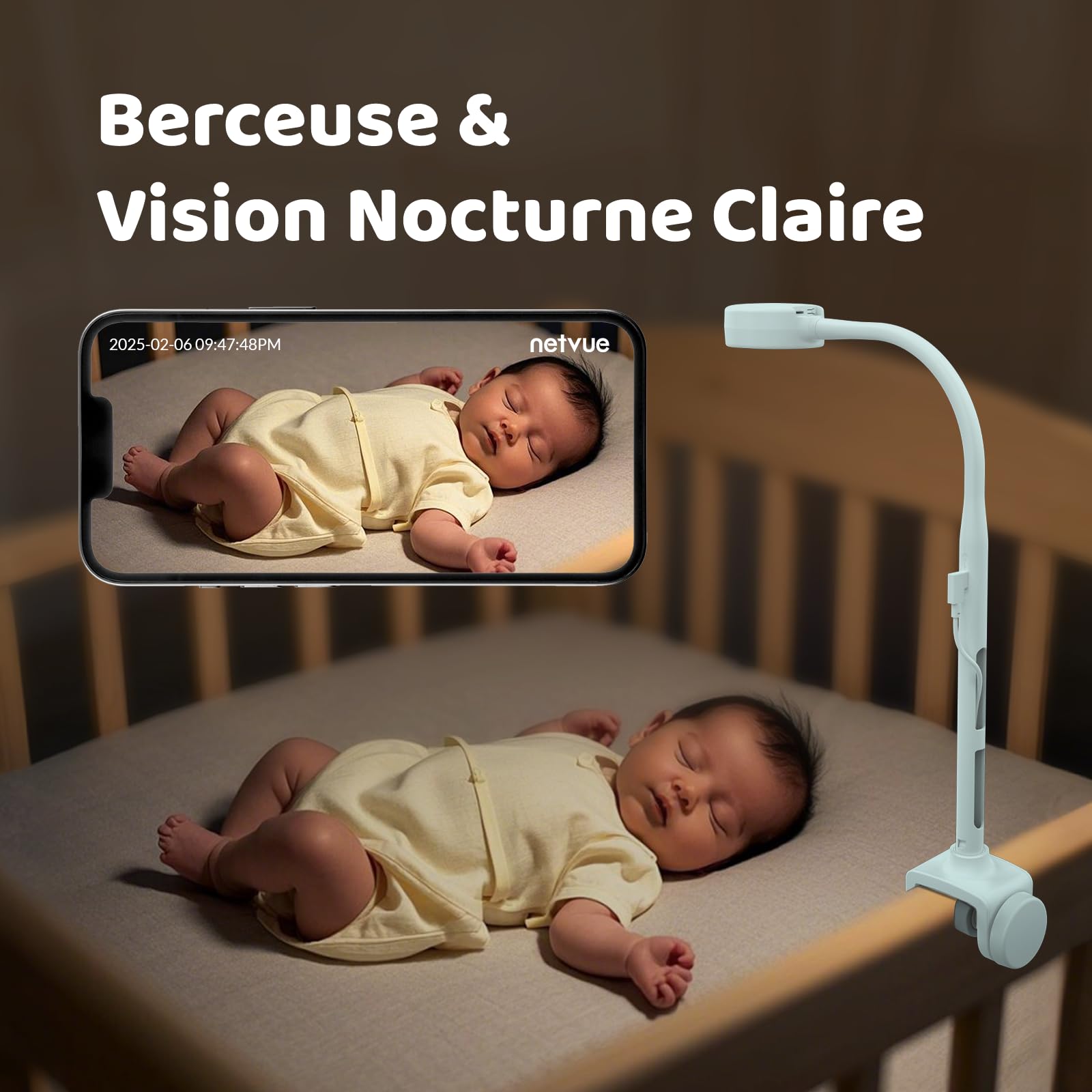 NETVUE Azul 1080P Camara Vigilancia Bebe con Soporte 4 en 1, Vigilabebes Camara con App Gratuita, Audio Bidireccional, Detección de Movimiento, Visión Nocturna, Canción de Cuna