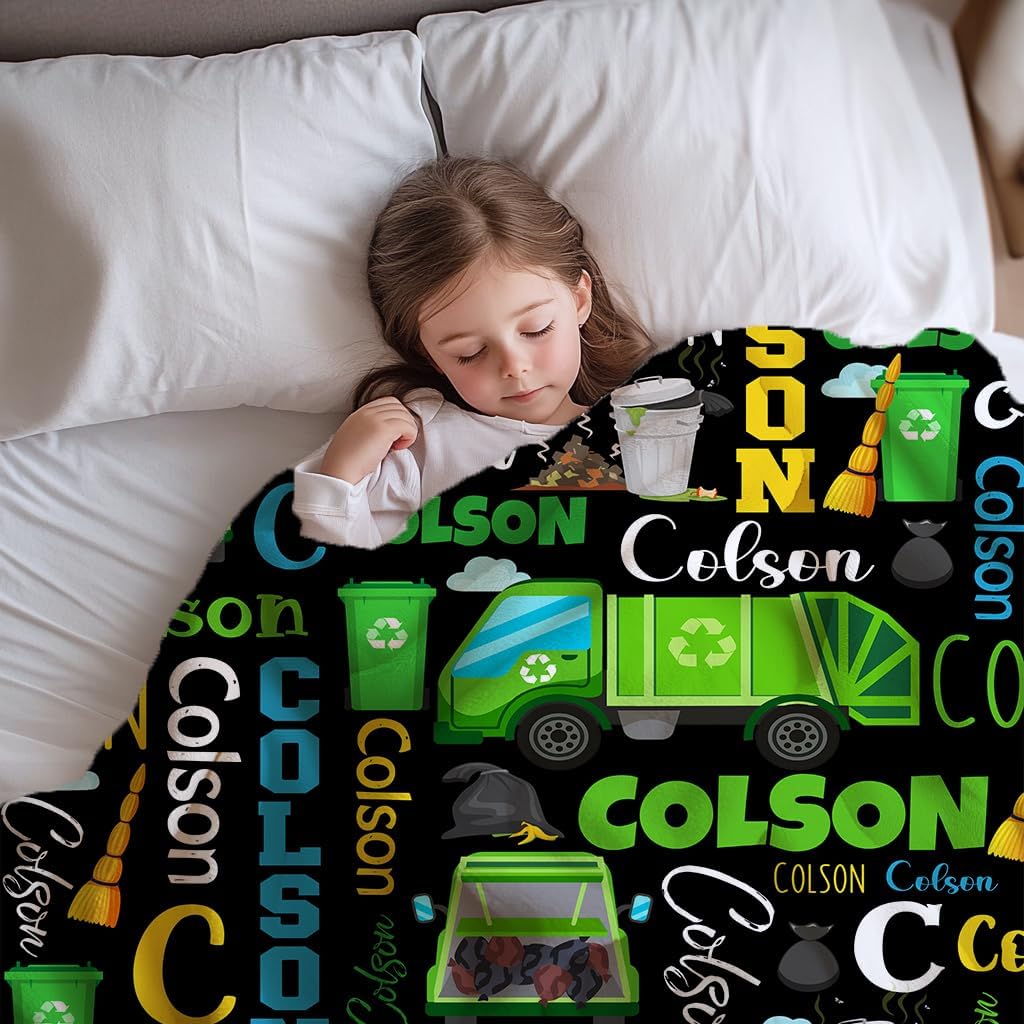 Personalized Garbage Truck Blanket with Name Customized Baby Blanket with Name Custom Garbage Truck Blanket for Kid Soft Warm Throw for Newborn Infant Toddler Stroller Crib Decor Baby Gift 50"x60"