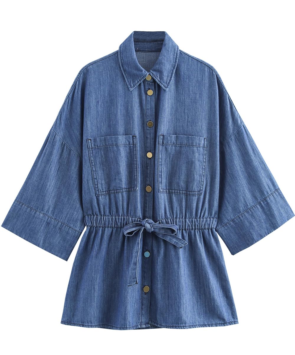 Camisas de Mezclilla para Las Mujeres Moda Casual Manga Larga Solapa botón cordón Cintura Ligero Jean Camisas Tops