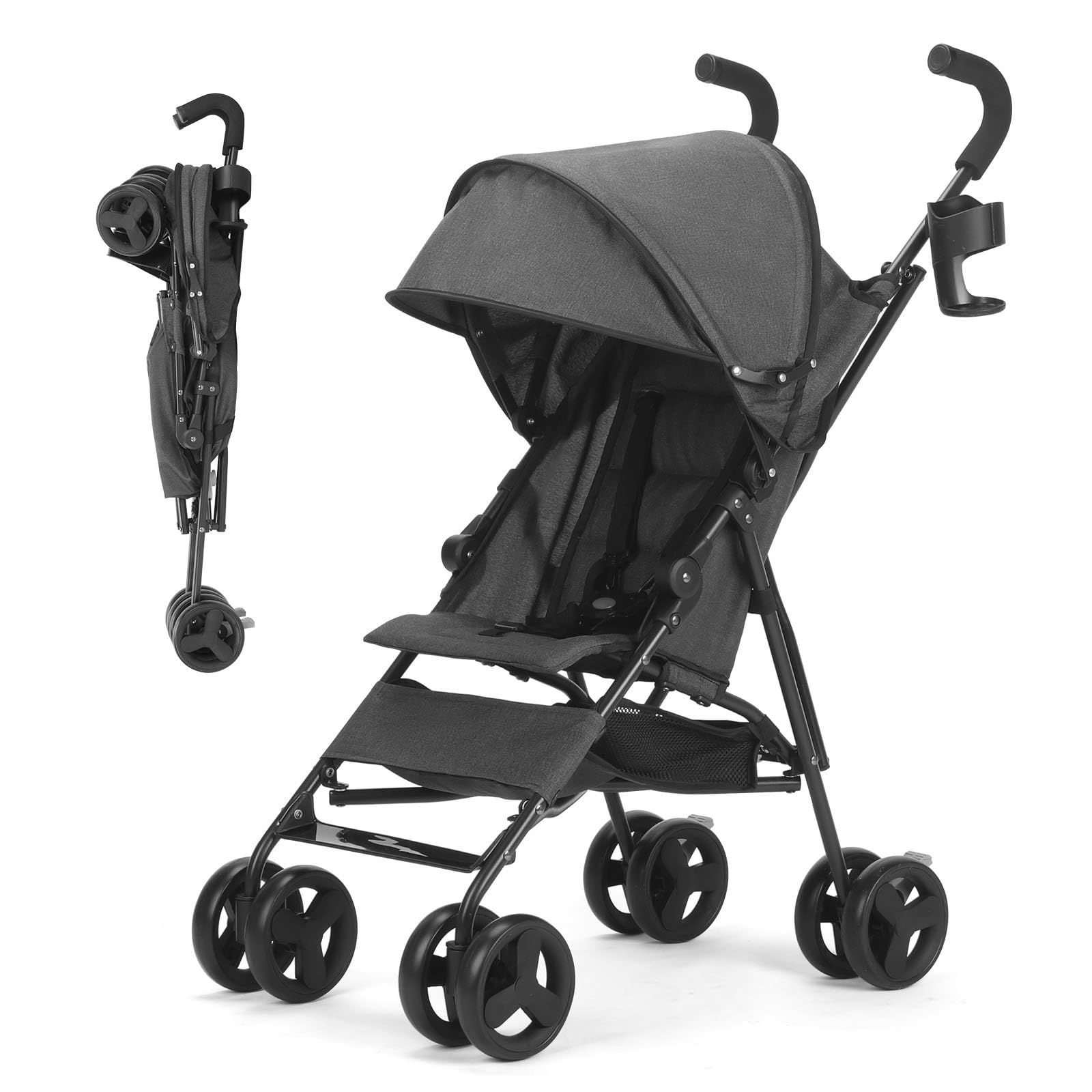 Kinderwagen, Reisekinderwagen mit faltbarem Kinderwagen mit verstellbarem Verdeck, zusammenklappbarer Kinderwagen für Neugeborene mit Aufbewahrungskorb, Getränkehalter, Rädern für Kleinkinder