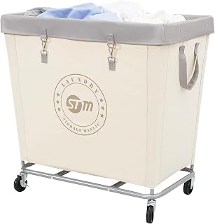 STORAGEMANIAC 320L Commercial Rolling Laundry Hamper Cart, Heavy Duty Steel Frame, Lockable Wheels, Large Beige Basket for Home Hotel Laundry Room