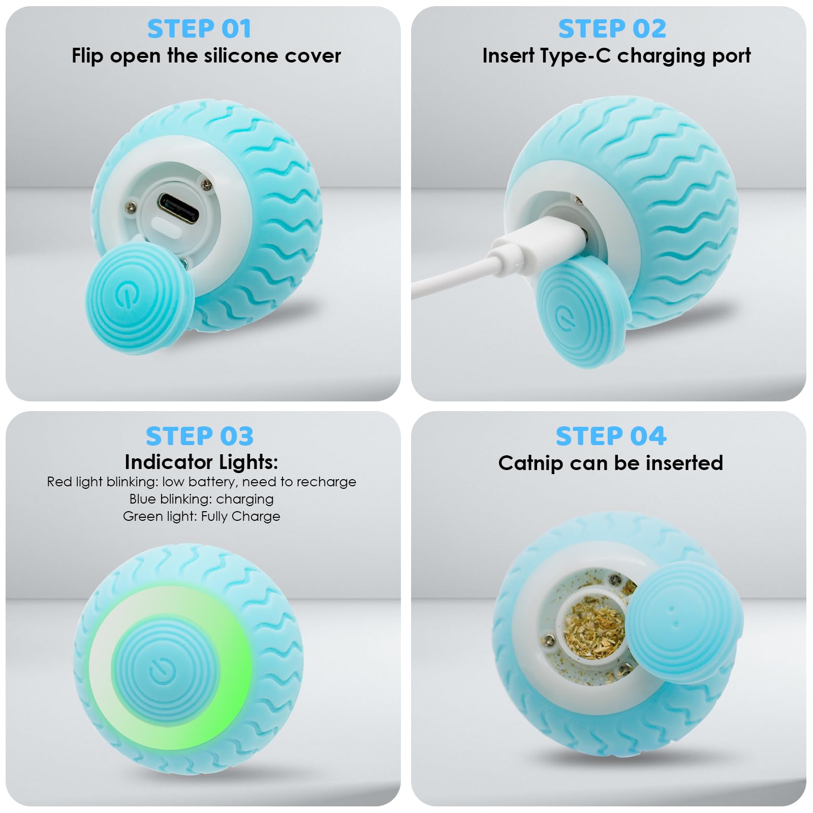 Pakoo Interaktives Katzenspielzeug Ball mit LED-Lichtern, intelligentes 360° automatisches rollendes Kätzchenspielzeug mit Typ-C-Aufladung, bestes Geschenk für Ihre Katze/Kitty