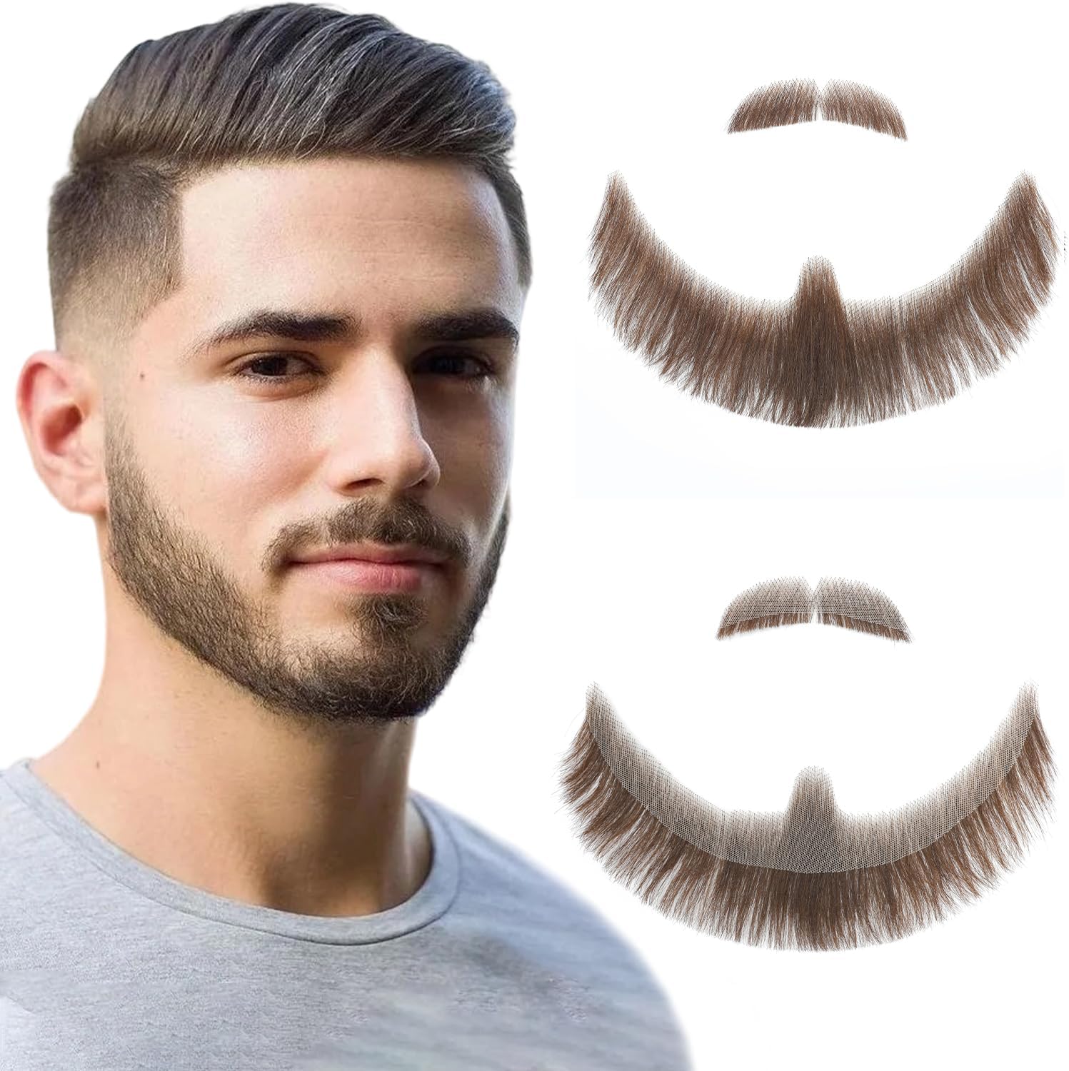 Fake Mustache Realistic Beard Goatee Beard, 100% Human Hair Full Hand Tied Fake Goatte, False Beards Lace Invisible Facial Hair for Halloween Dressing Men Makeup Entertainment
