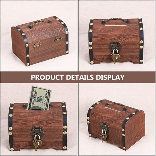 Miniatura 8 de Caja de almacenamiento del tesoro con cerradura de madera hucha pirata cofre retro dinero monedas caja de ahorro