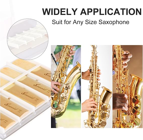 10 Pack Professional Alto Saxophone Reeds With Plastic Box, Strength 2.5, Laser Engraved Marking & Thinner Tip for Easy Play, Traditional Sax Reeds
