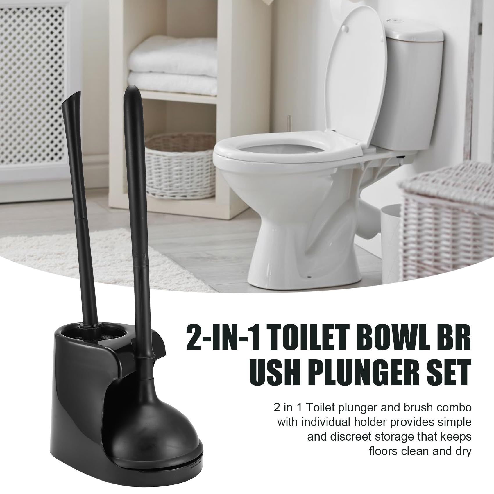 Set 2 Pezzi Sturalavandino E Scopino WC Con Supporto Ventilato, Nero, Con Ventosa 14,5 Cm Adattabile A Water E Lavandini