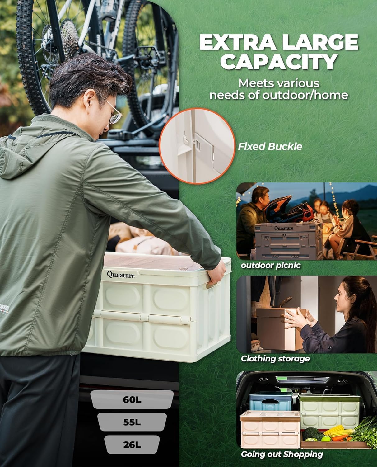 Collapsible Storage Bin with Lids 55L Camping Storage Box Foldable with Handle Plastic Organizing Stackable Storage Container for Outdoor Camping, Home, Fishing, Car RV, Office