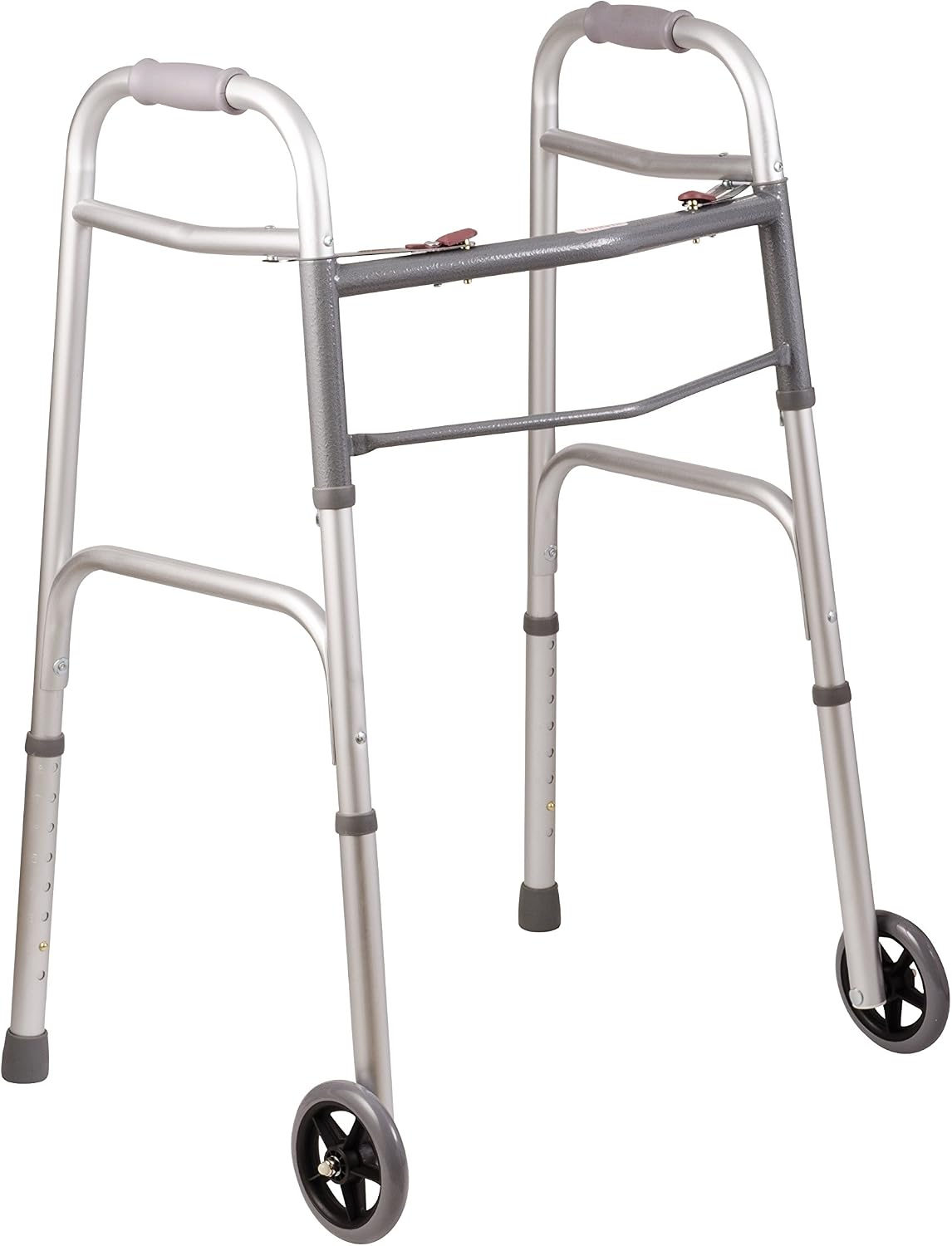DMI Lightweight Aluminum Folding Walker with Easy Two Button Release, 5 Inch Wheels, Adjustable Height, No Assembly Needed, Silver