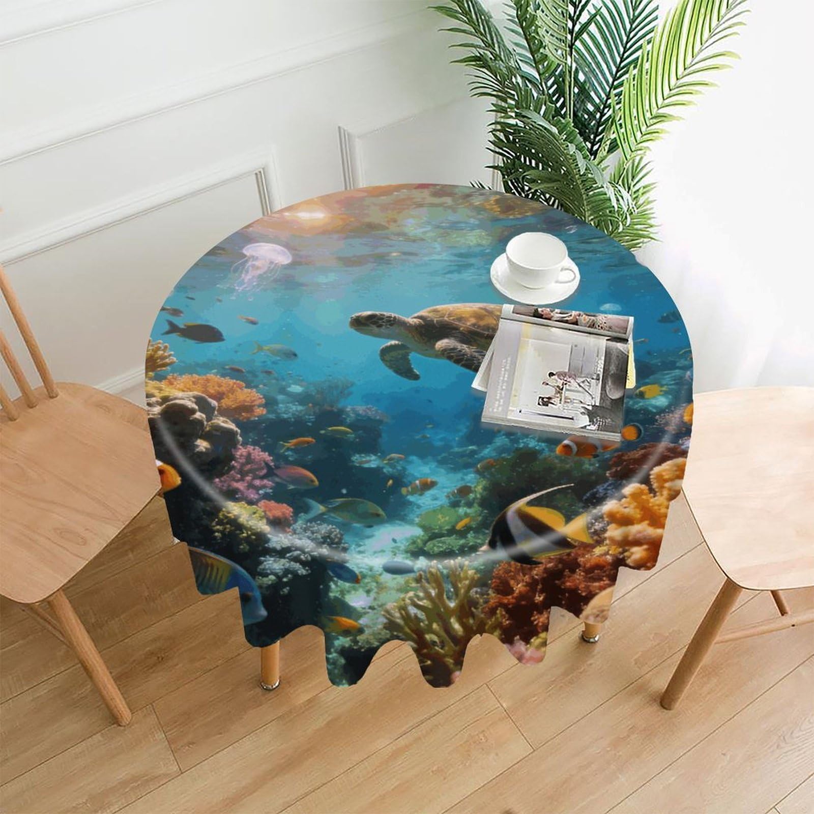 LZQPOEAS Underwater World Tablecloth Easy to Clean Polyester Round Table Cover Washable Round Table Cloth Wrinkle-Free Circle Decoration Tablecloth for Kitchen and Dining Room 60"