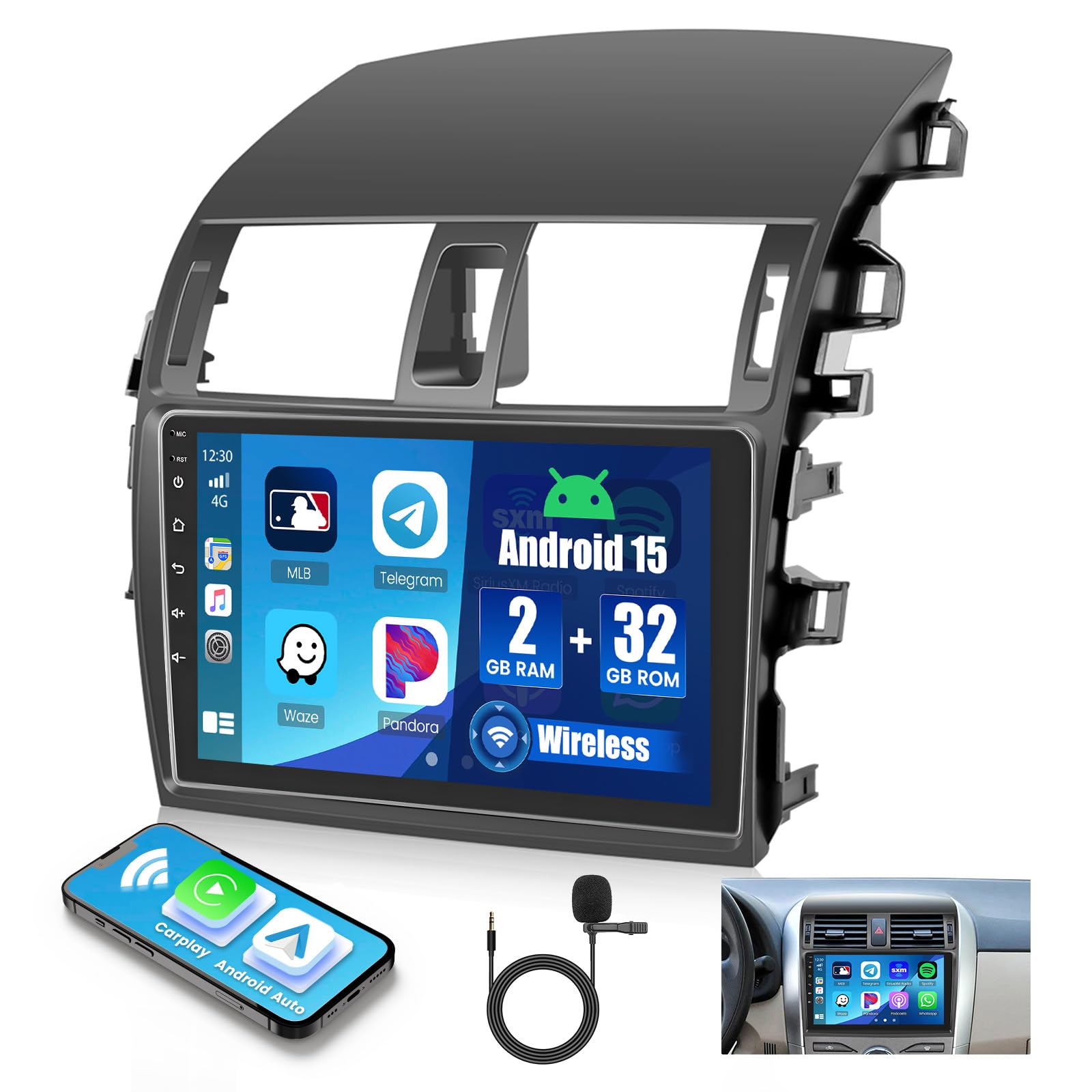 Android 15 Car Stereo for Toyota Corolla 2009-2013,9 inch Touch Screen Radio Wireless Apple CarPlay Android Auto DSP 5G WiFi Bluetooth GPS FM RDS+Free AHD Backup Cam-2+32G