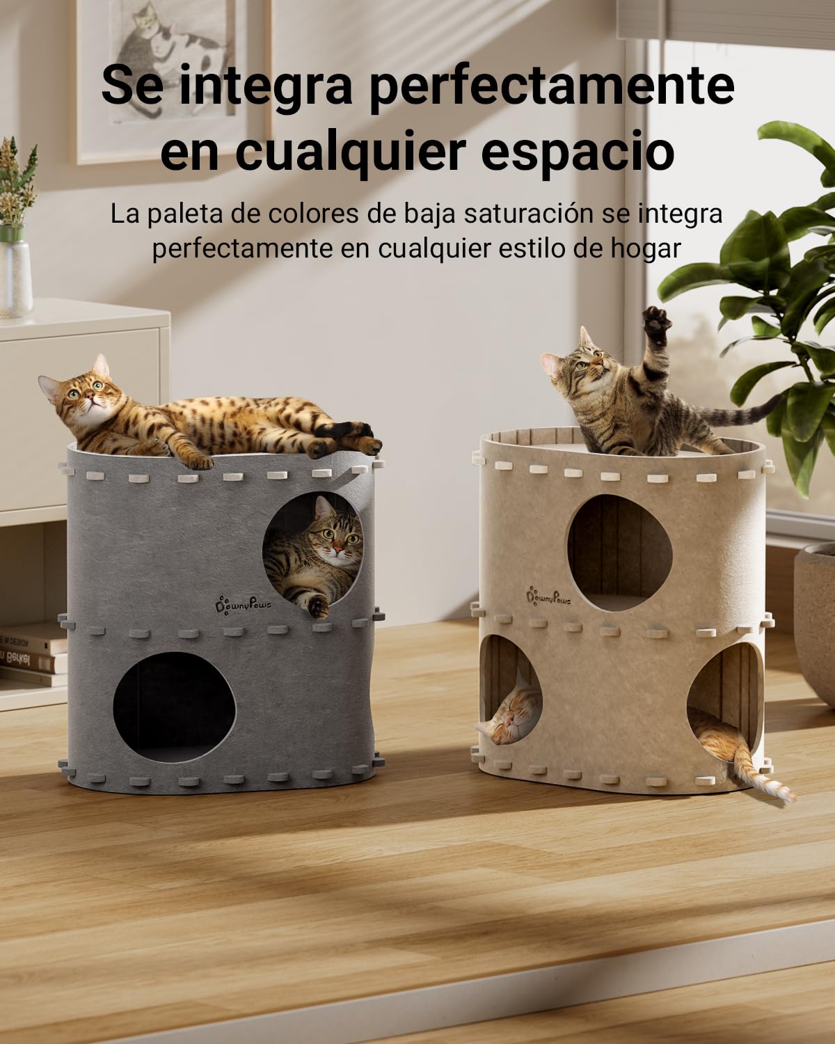 DownyPaws Cama para Gatos de Felpa, 2 Pisos Casa Gato 50x33x50 cm, Castillo de Juego, Diseño Acogedor, Protector de Uñas, Beige
