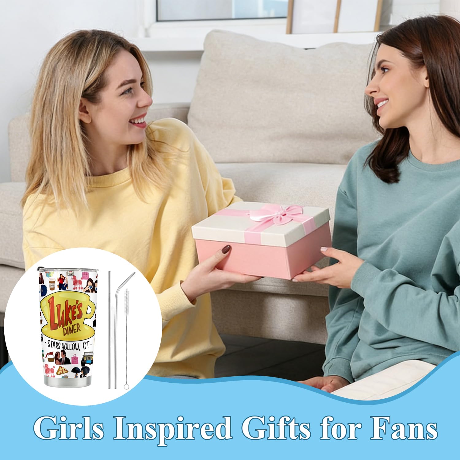Onperpoe Bicchiere da caffè ispirato a Gilmore, tazza da caffè da viaggio ispirata a Luke's Diner, con cannuccia e coperchio, in acciaio inox, isolante, regalo per ragazze e fan, 590 ml