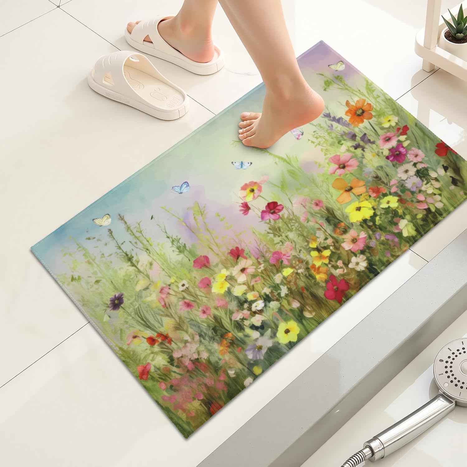 Spring Floral Bathroom Rug 32x20 Inch Watercolor Wildflower Butterfly Bath Mat Non Slip Low Pile Absorbent Machine Washable for Bedroom Shower Tub Sink