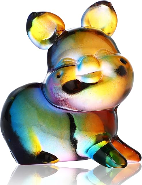 H&D HYALINE & DORA Crystal Squatting & Smiling Pig Figurine,Hand Blown Glass Animal Art Ornament, Glass Piggy Home Decor Paperweight Collection, Gift for Christmas, Birthday