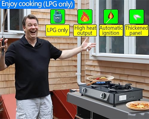 Miniatura 8 de Estufa de propano de 2 quemadores, estufa de gas de encendido automático, 26000 BTU de vidrio templado, quemador de propano GLP con manguera CSA