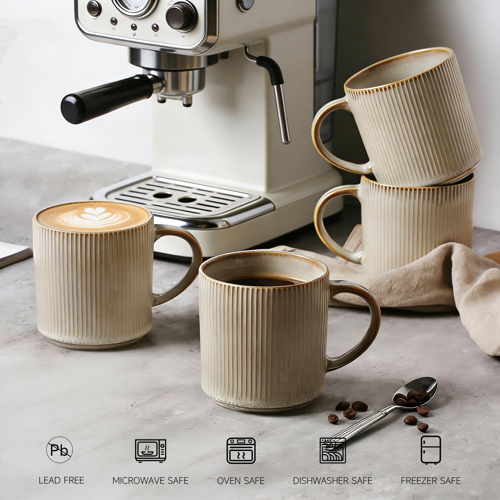 MONITO Juego de 4 tazas de café de 16 onzas, tazas de café de cerámica con asas grandes, adecuadas para latte, té caliente, capuchinos, moca y cacao, beige bonbon