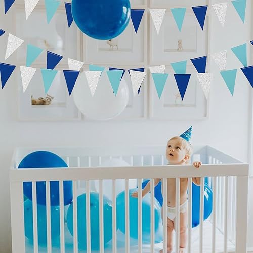 Miniatura 2 de Banderín de 30 pies azul marino plateado azul rey colgante de papel triangular banderín guirnalda para cumpleaños, novia, baby shower, boda, Ahoy
