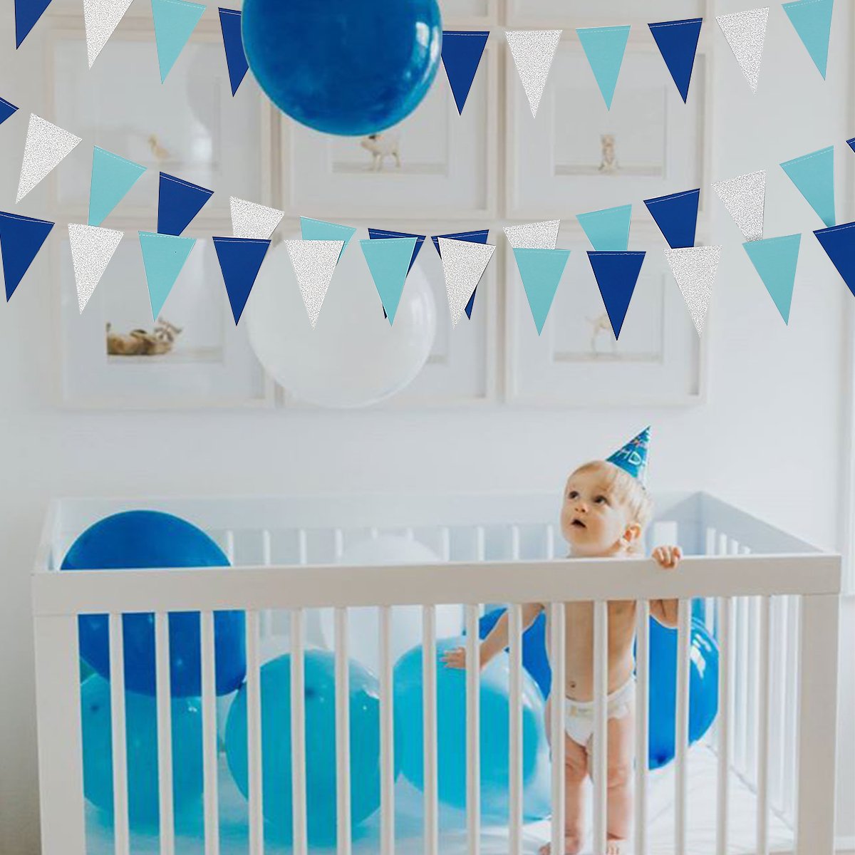 Festone Decorativo Con Bandierine Triangolari 30 M – Carta Metallizzata Glitterata Blu, Tema Nautico E Pirata, Per Feste