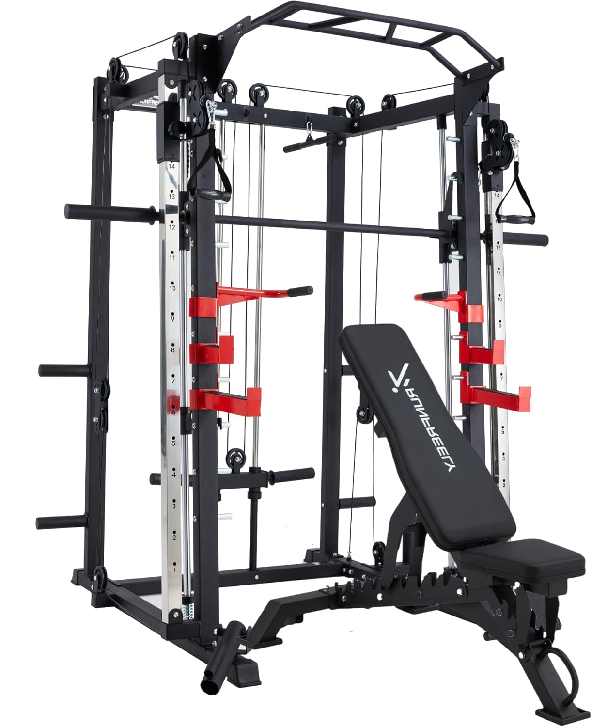 Power Rack for Home Gym, Smith-Machine with Cable Crossover for Full-Body Workout, All-in-one Trainer Equipment for Strength Training, Squat, Bench Press and Pull Up Bar