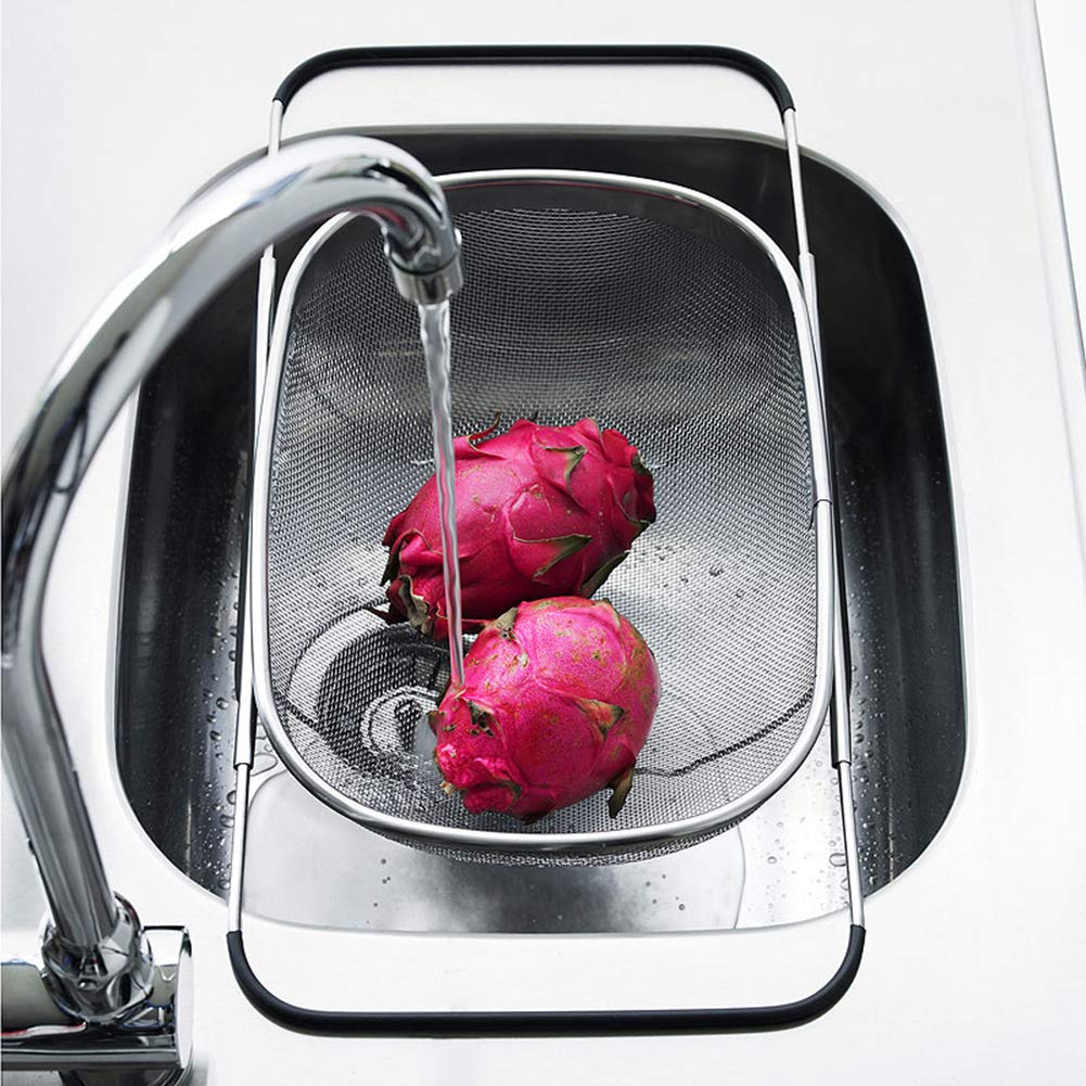 Paquete de 2 coladores ovalados sobre el fregadero para cocina, malla fina de acero inoxidable de 6 cuartos de galón con asas de agarre de goma expandibles para colar, drenar, enjuagar frutas, 6
