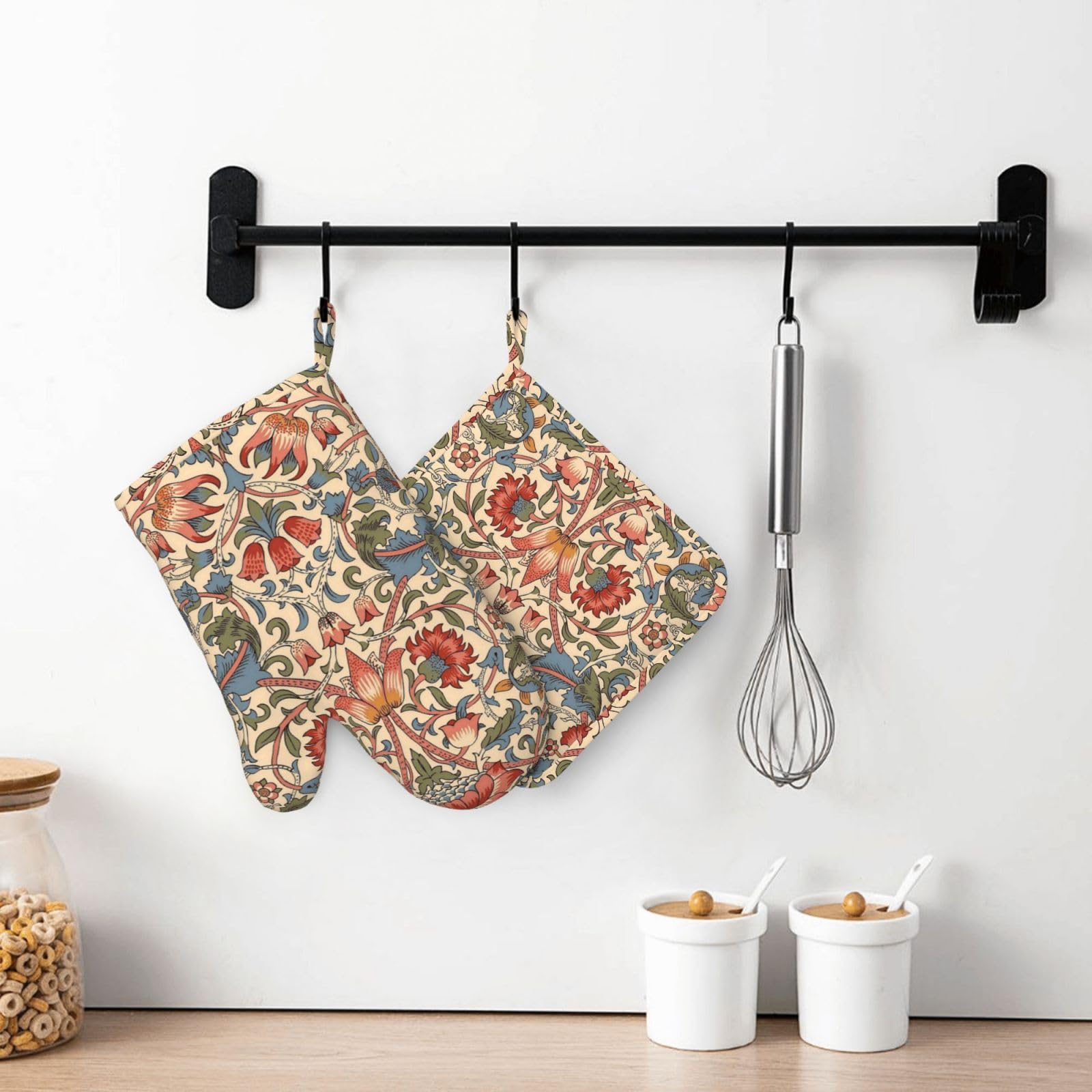 Lot de 4 maniques et maniques rustiques beiges, bleues et roses, style rétro, exotiques, ethniques, résistantes à la chaleur, motif floral lotus pour cuisine, pâtisserie, barbecue, barbecue