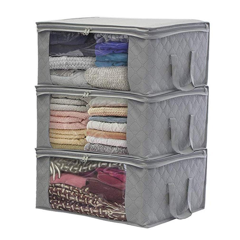 LSNDEE Clothes Storage Boxes Foldable, Fabric Storage Box, Under the Bed Storage Bags with Zips, Waterproof Thick Non-woven closet Organizers, Used For Duvet Clothing, 48 x 35 x 20 cm, 3 Pack (Grey)