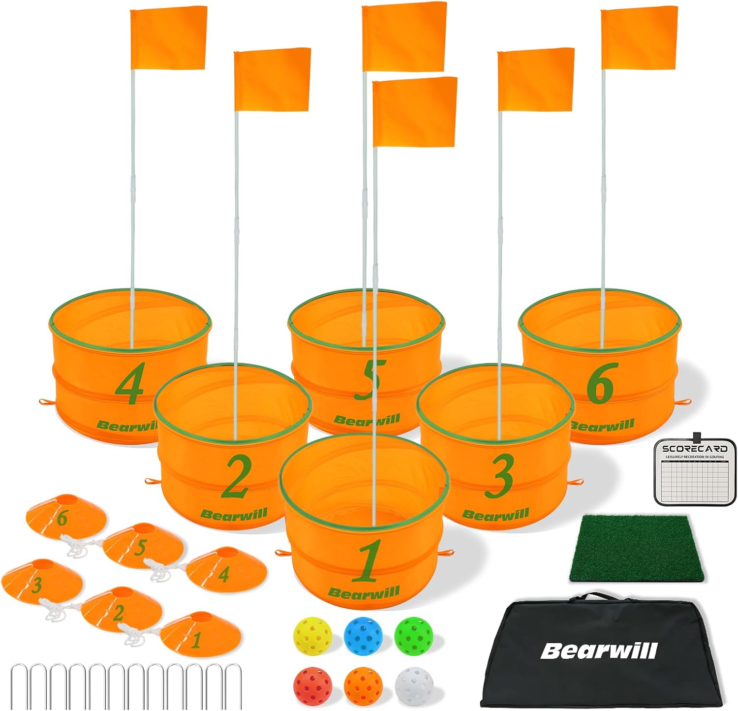 Bearwill Golf Bucket Game for Family, Adults and Kids Portable 6 Hole Golf Course with Balls and Flag, Outdoor Indoor Golf Yard Game for Park, Beach, Lawn, Camping