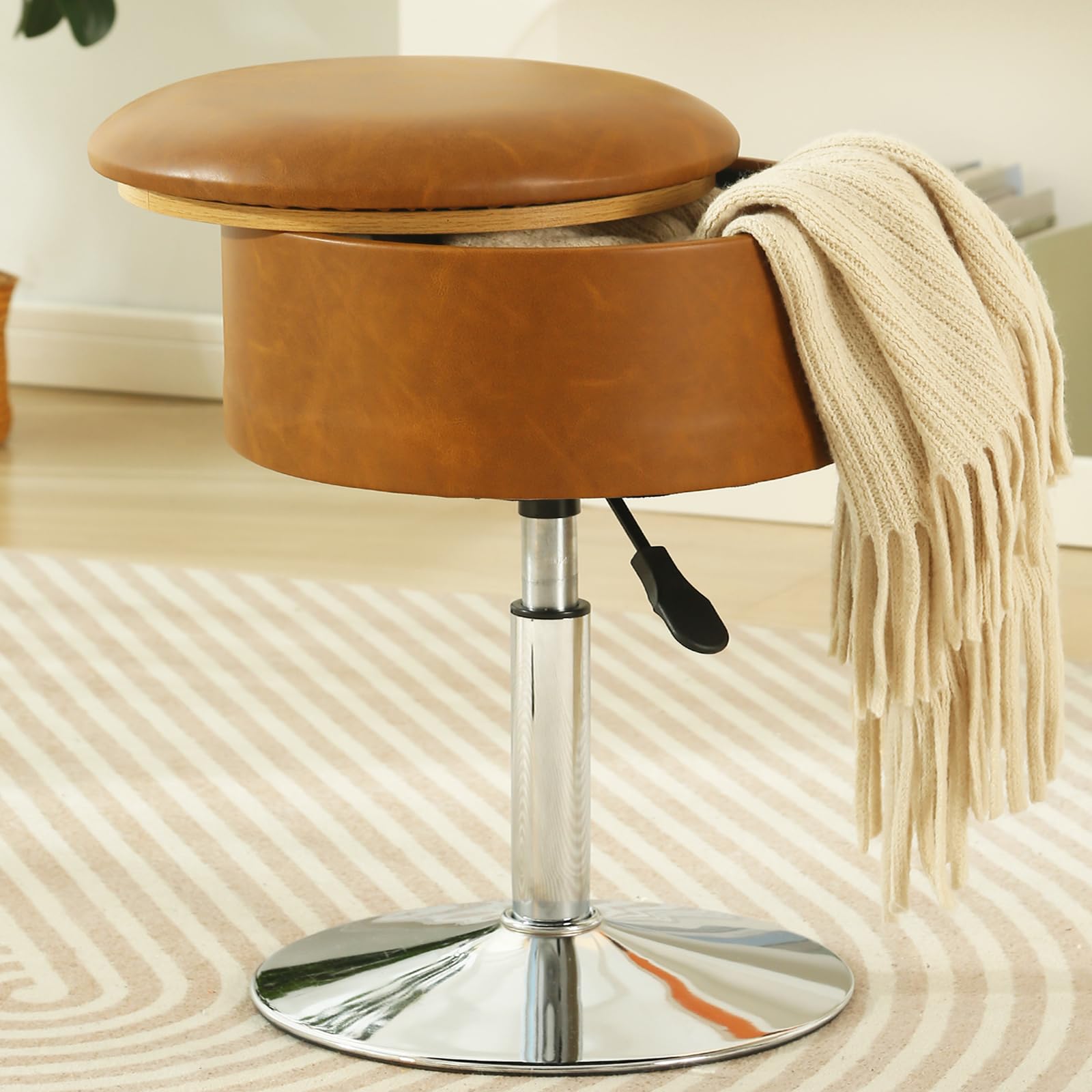 CUYOCA Round Storage Vanity Stool, 360° Swivel Height Adjustable Swivel Foot Stools with Storage, Faux Leather Vanity Ottoman Chair for Bathroom Living Room (Cognac Brown) Faux Leather