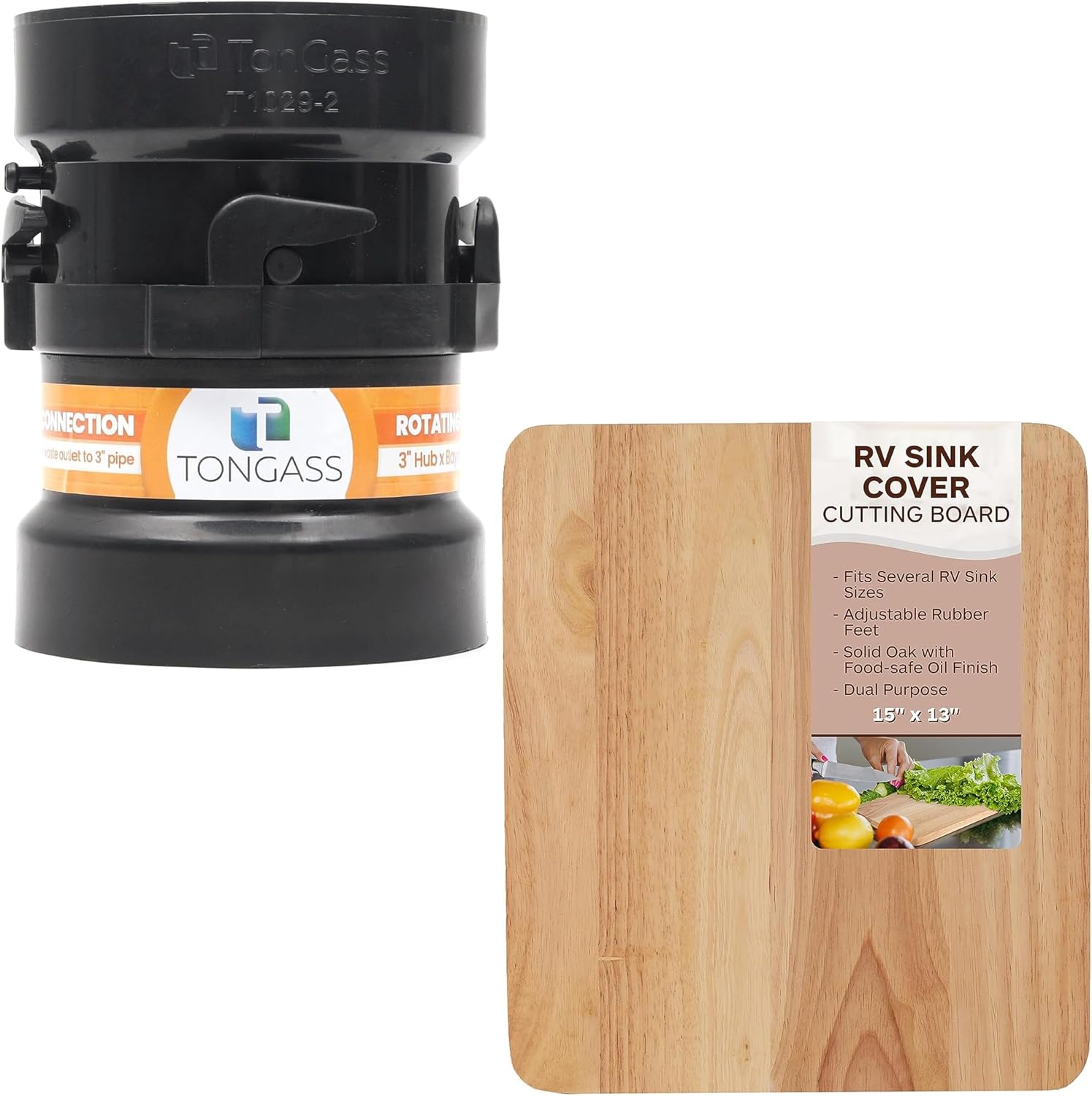 (Combo Pack) RV Sewer Hose Fitting Adapter to PVC and 15"x13"x3/4" RV Sink Cover with Adjustable Rubber Feet