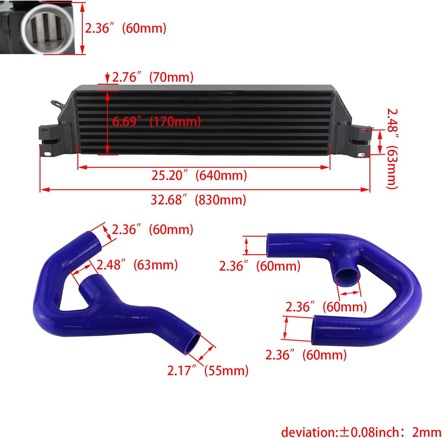 fits for VW Jetta 06-2010 Gti Golf A3 Mk5 2.0T Bolt On Turbo Intercooler w/Hose Kit Blue