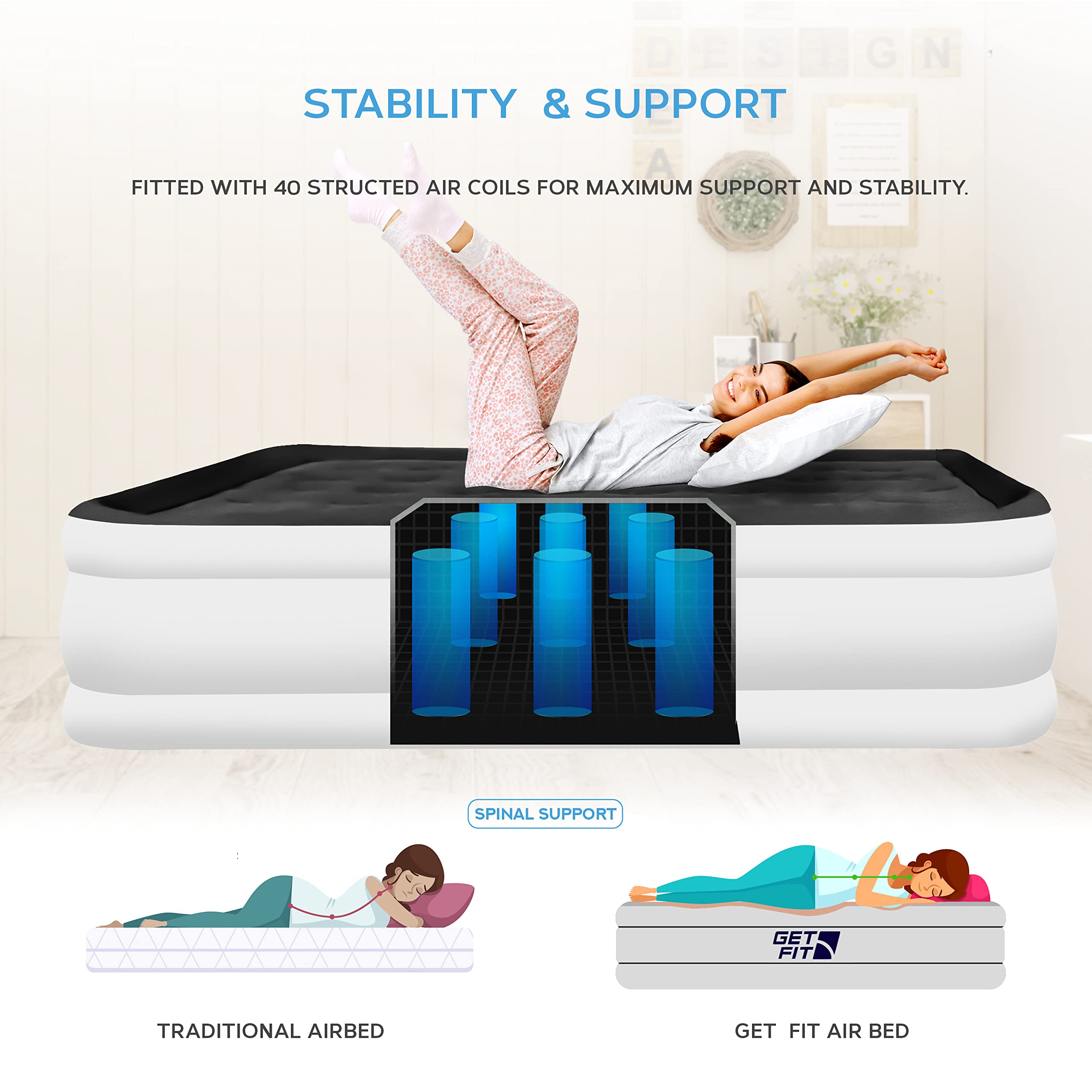 Get Fit Air Bed with Built In Electric Pump - Premium King Size - Blow Up Bed with 2 x Free Pillows - Elevated Inflatable Air Mattress for Outdoor, Camping, Tents - White/Black