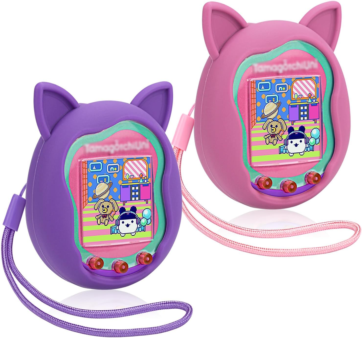 2pack Silicone Case for Tamagotchi Uni, Protective Cover for Tamagotchi Uni Protector Skin with Hand Strap (Pink+Purple)