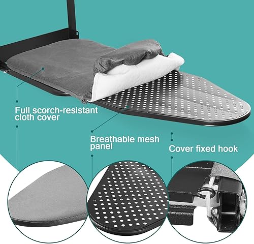 Miniatura 3 de Tabla de planchar sobre la puerta de 13 x 36 pulgadas con soporte de hierro y bolsa de almacenamiento de bolsillo, tabla de hierro colgante para el