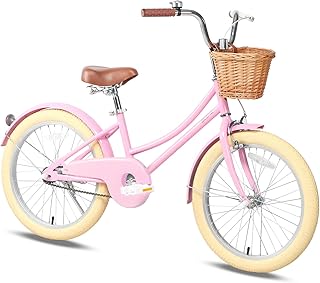 Glerc 20 Inch Kids Girls Bike for 6 7 8 9 10 Years Old Little Girls Retro Vintage Style Bicycles with with Basket, Kickstand, Fenders and Bell, Pink